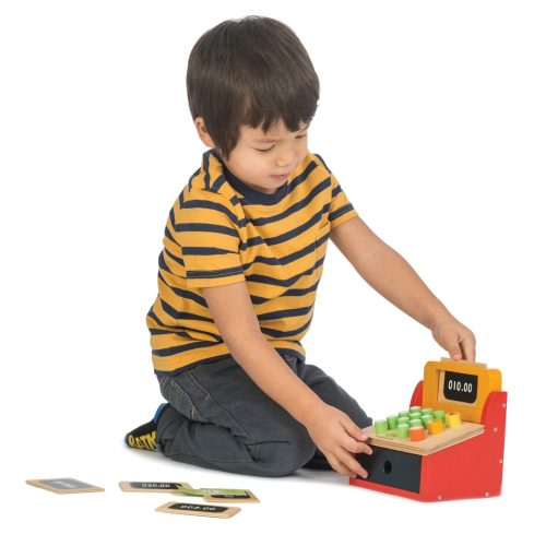 Tender Leaf Toys fa pénztárgép, papír és fa pénzzel