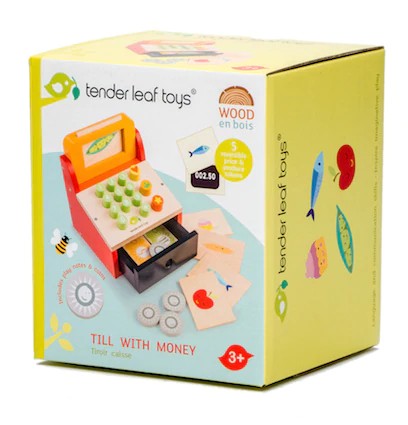Tender Leaf Toys fa pénztárgép, papír és fa pénzzel